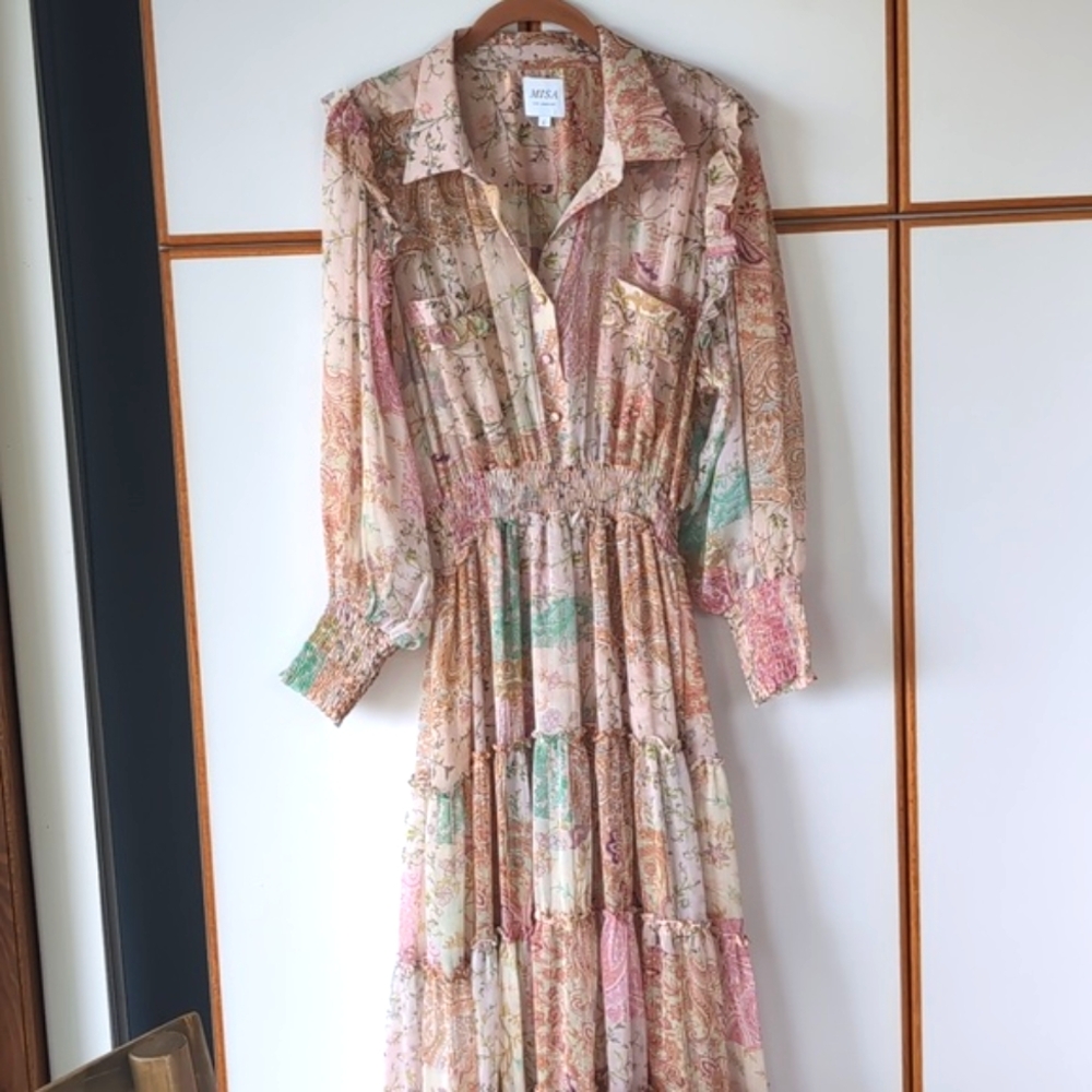 NWOT Famous Misa Los Angeles Aydeniz Dress Printemps Patchwork L - Picture 2 of 16